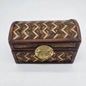 Vintage Woven Bamboo & Wood Treasure Chest Trinket Box | Decorative Curved Top